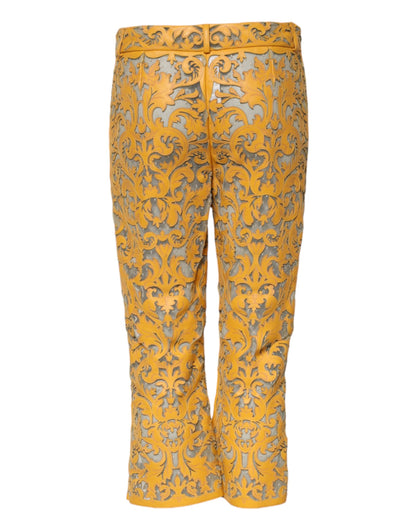 Dolce & Gabbana Capri Women's Cropped Mid Rise Polyester Lace & Bull Leather Jeans - Yellow Patterned Floral