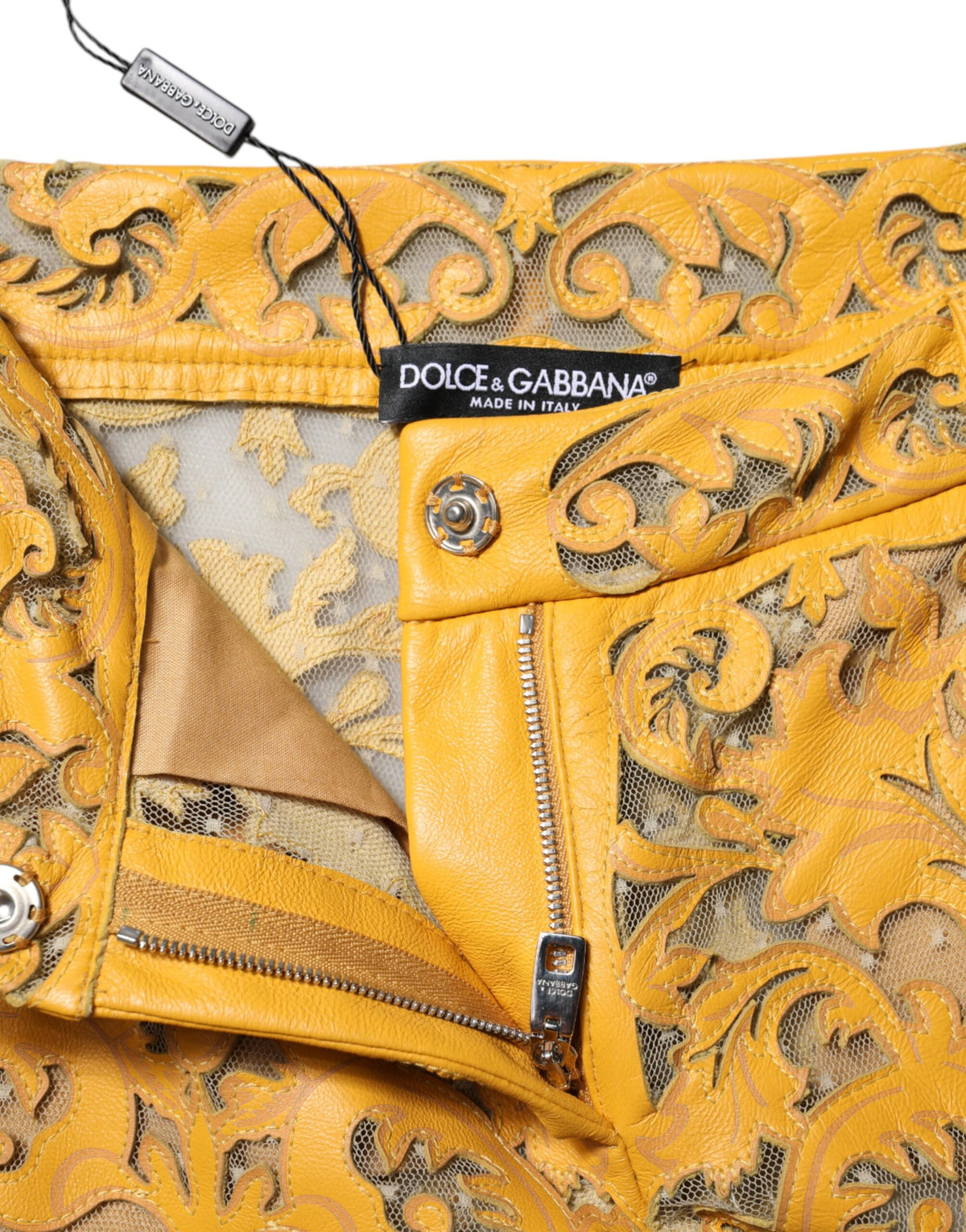 Dolce & Gabbana Capri Women's Cropped Mid Rise Polyester Lace & Bull Leather Jeans - Yellow Patterned Floral