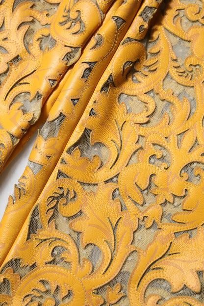 Dolce & Gabbana Capri Women's Cropped Mid Rise Polyester Lace & Bull Leather Jeans - Yellow Patterned Floral