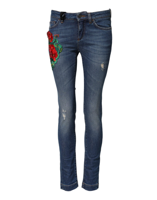 Dolce & Gabbana Women's Skinny Mid Rise Stretch Denim Cotton Jeans - Blue Floral