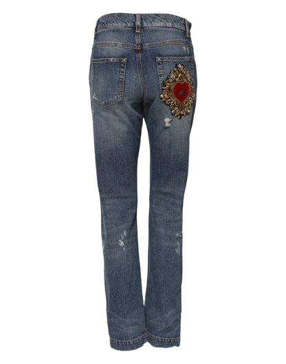 Dolce & Gabbana Heart Women's Straight Mid Rise Cotton Denim & Rhinestone Jeans - Blue