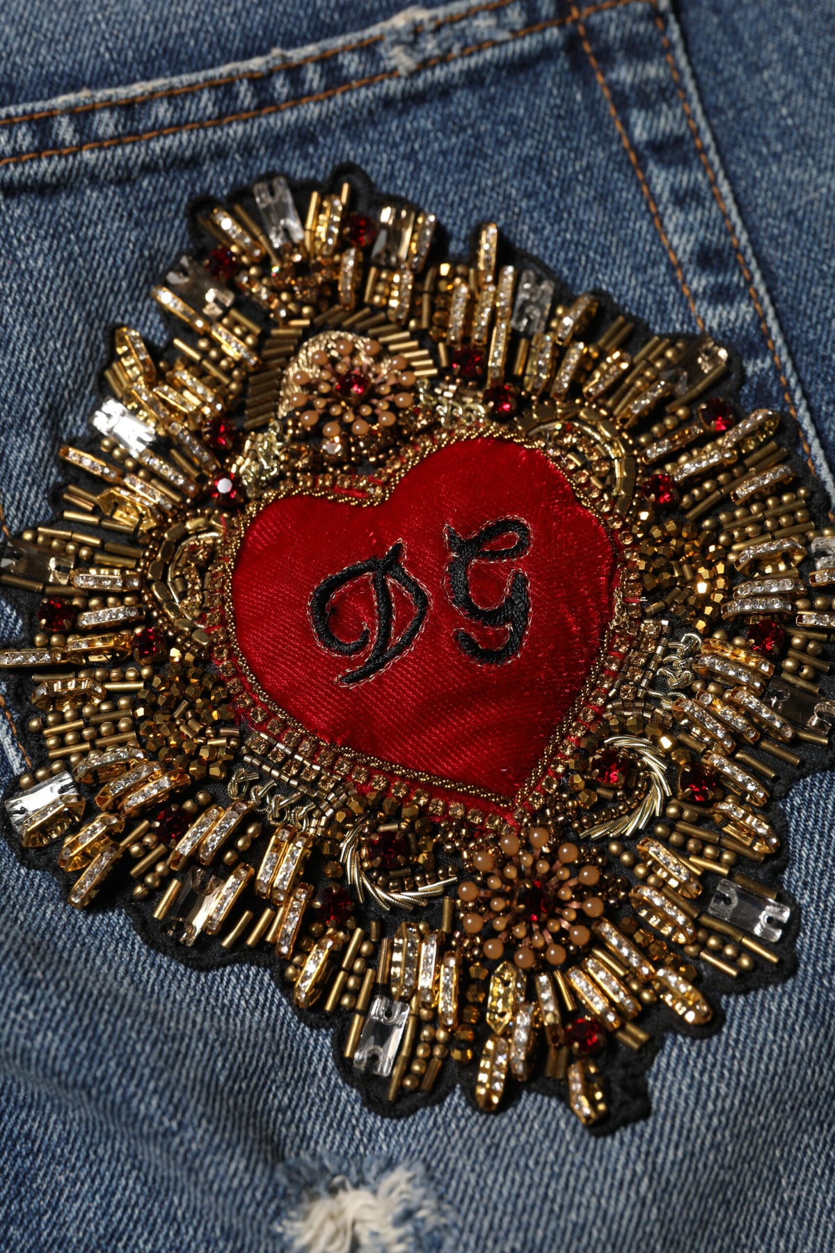 Dolce & Gabbana Heart Women's Boyfriend Mid Rise Cotton Denim & Rhinestone Jeans - Blue