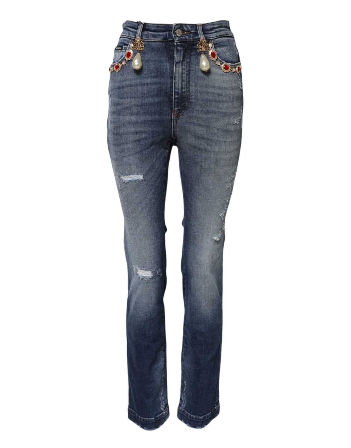 Dolce & Gabbana Women's Skinny Regular Fit High Rise Stretch Denim Cotton & Rhinestone Jeans - Blue
