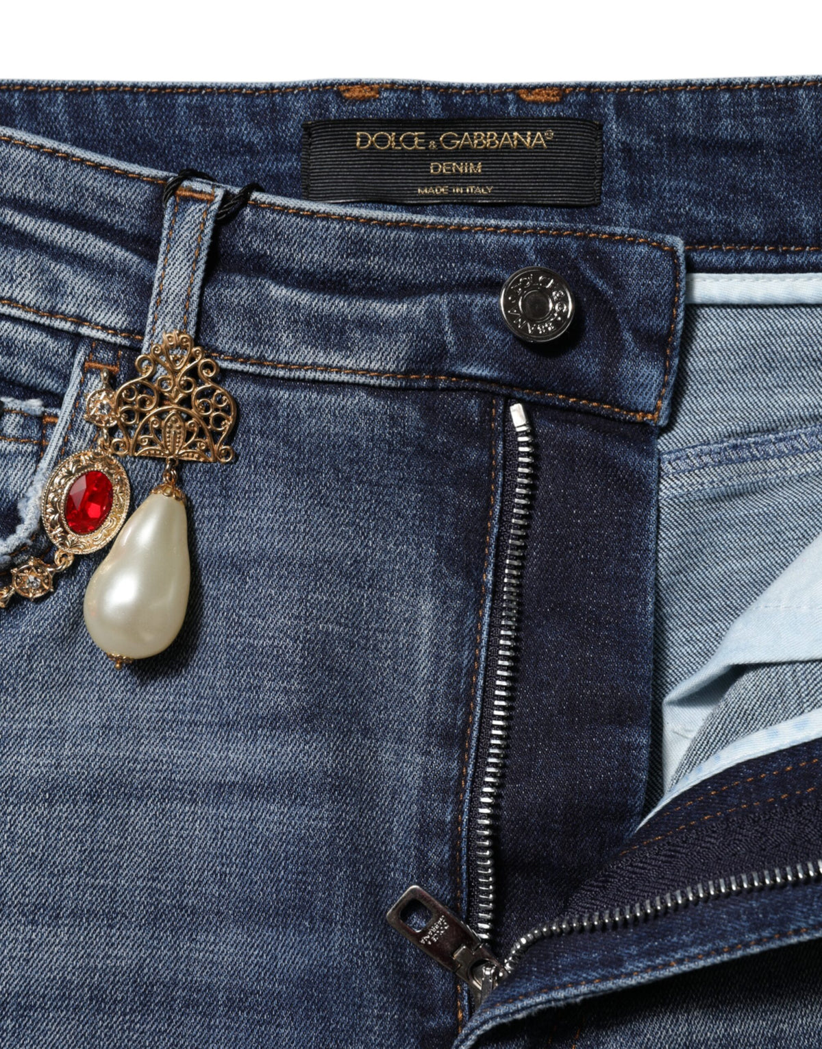 Dolce & Gabbana Women's Skinny Regular Fit High Rise Stretch Denim Cotton & Rhinestone Jeans - Blue