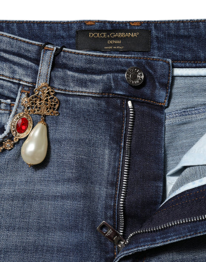 Dolce & Gabbana Women's Skinny Regular Fit High Rise Stretch Denim Cotton & Rhinestone Jeans - Blue