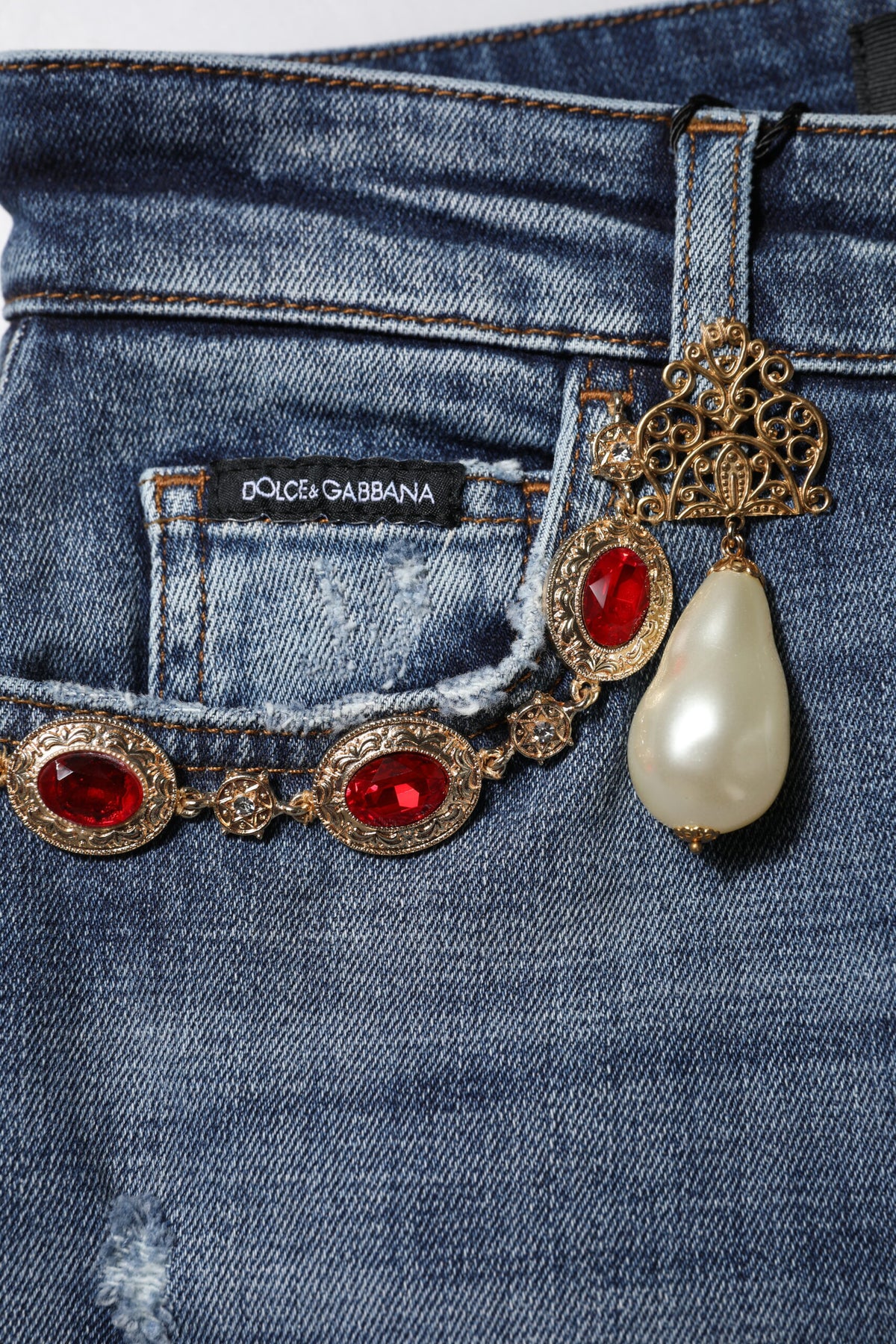 Dolce & Gabbana Women's Skinny Regular Fit High Rise Stretch Denim Cotton & Rhinestone Jeans - Blue