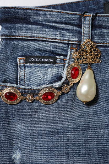 Dolce & Gabbana Women's Skinny Regular Fit High Rise Stretch Denim Cotton & Rhinestone Jeans - Blue