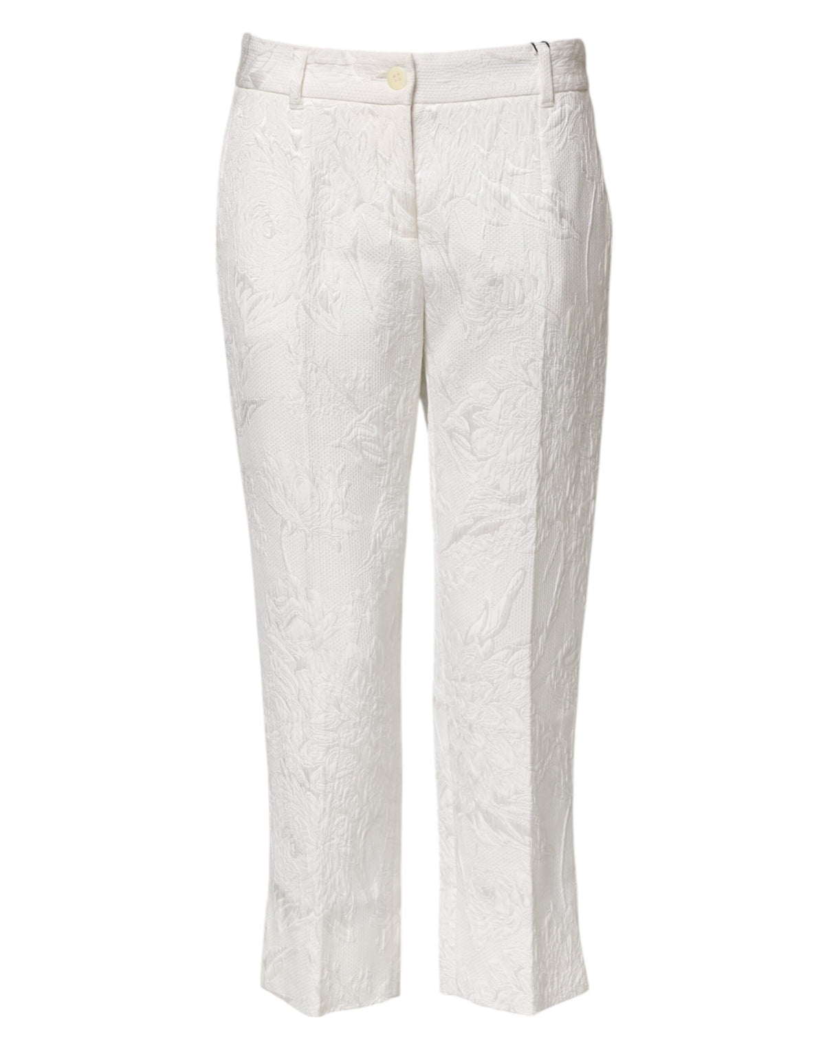 Dolce & Gabbana Women's Regular Fit Cropped Mid Rise Stretch Viscose Cotton Jeans - White Floral Jacquard