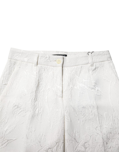 Dolce & Gabbana Women's Regular Fit Cropped Mid Rise Stretch Viscose Cotton Jeans - White Floral Jacquard