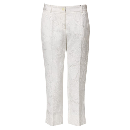 Dolce & Gabbana Women's Regular Fit Cropped Mid Rise Stretch Viscose Cotton Jeans - White Floral Jacquard