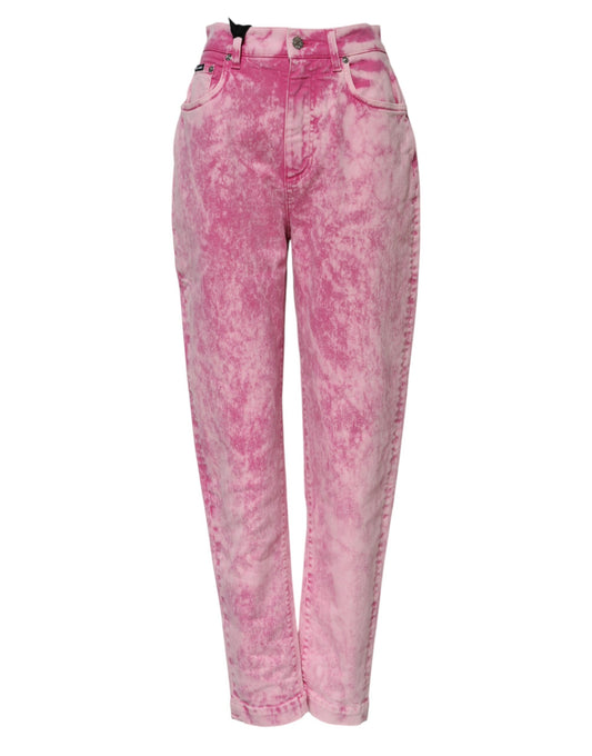Dolce & Gabbana Women's Tapered Leg High Rise Stretch Denim Cotton Jeans - Pink Patterned Tie Dye