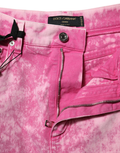 Dolce & Gabbana Women's Tapered Leg High Rise Stretch Denim Cotton Jeans - Pink Patterned Tie Dye