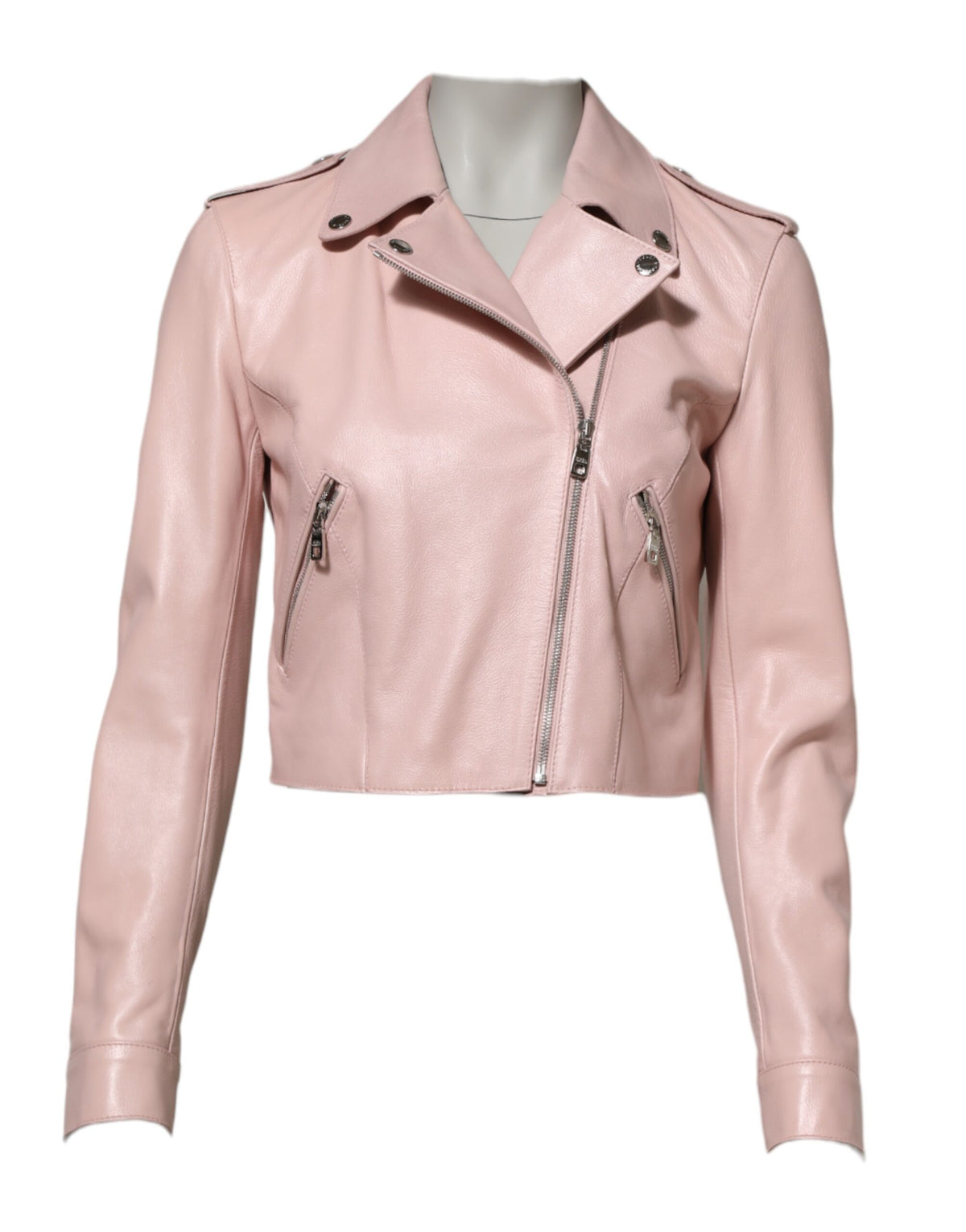 Dolce & Gabbana Women's Crop Top Biker Silk Satin & Taurus Leather Jacket - Pink Silver