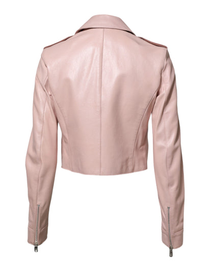 Dolce & Gabbana Women's Crop Top Biker Silk Satin & Taurus Leather Jacket - Pink Silver