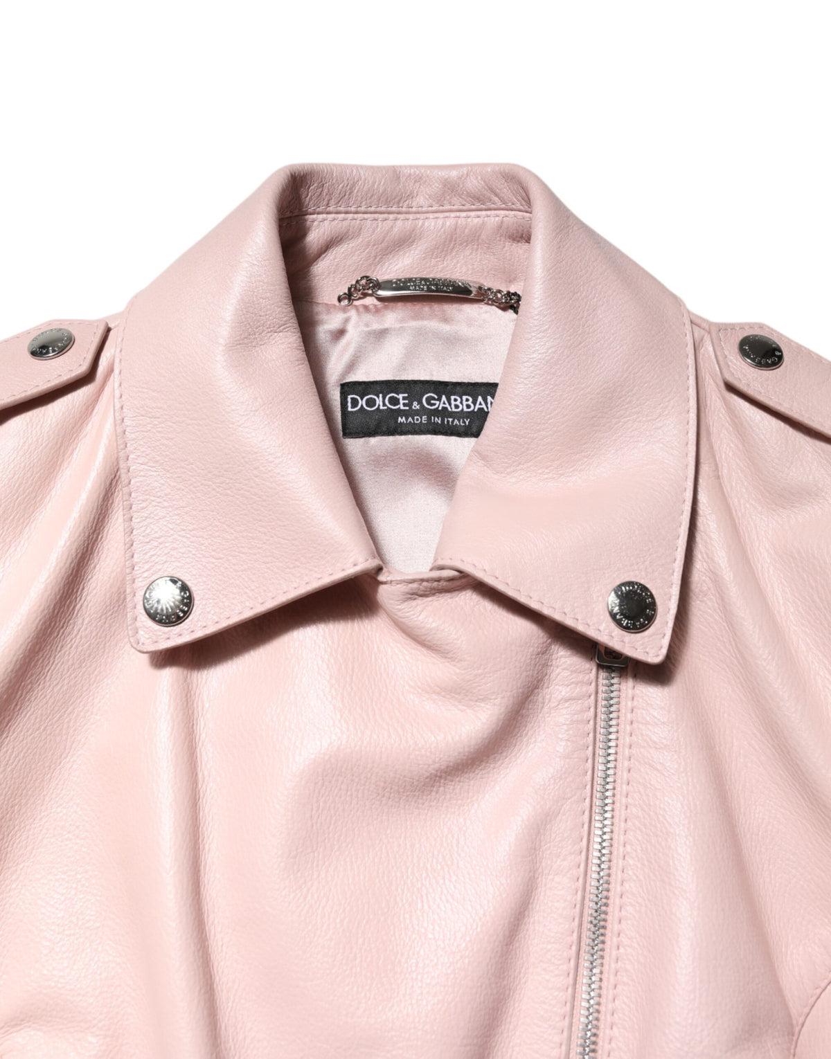 Dolce & Gabbana Women's Crop Top Biker Silk Satin & Taurus Leather Jacket - Pink Silver