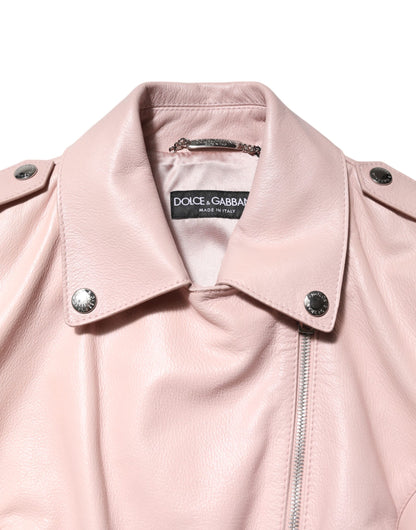 Dolce & Gabbana Women's Crop Top Biker Silk Satin & Taurus Leather Jacket - Pink Silver