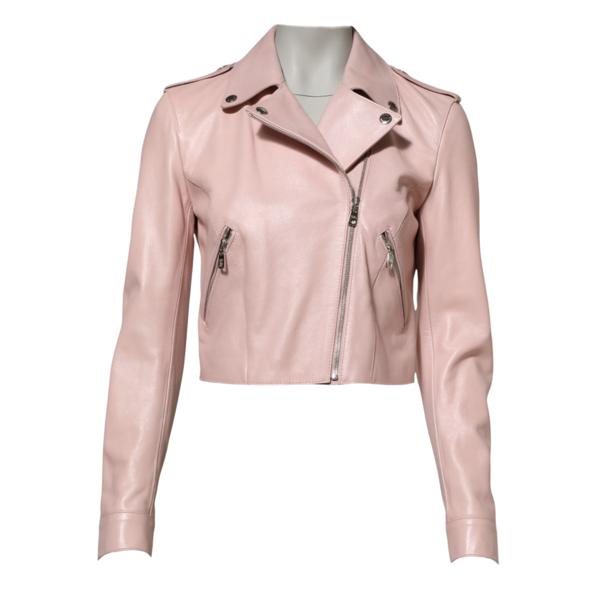 Dolce & Gabbana Women's Crop Top Biker Silk Satin & Taurus Leather Jacket - Pink Silver