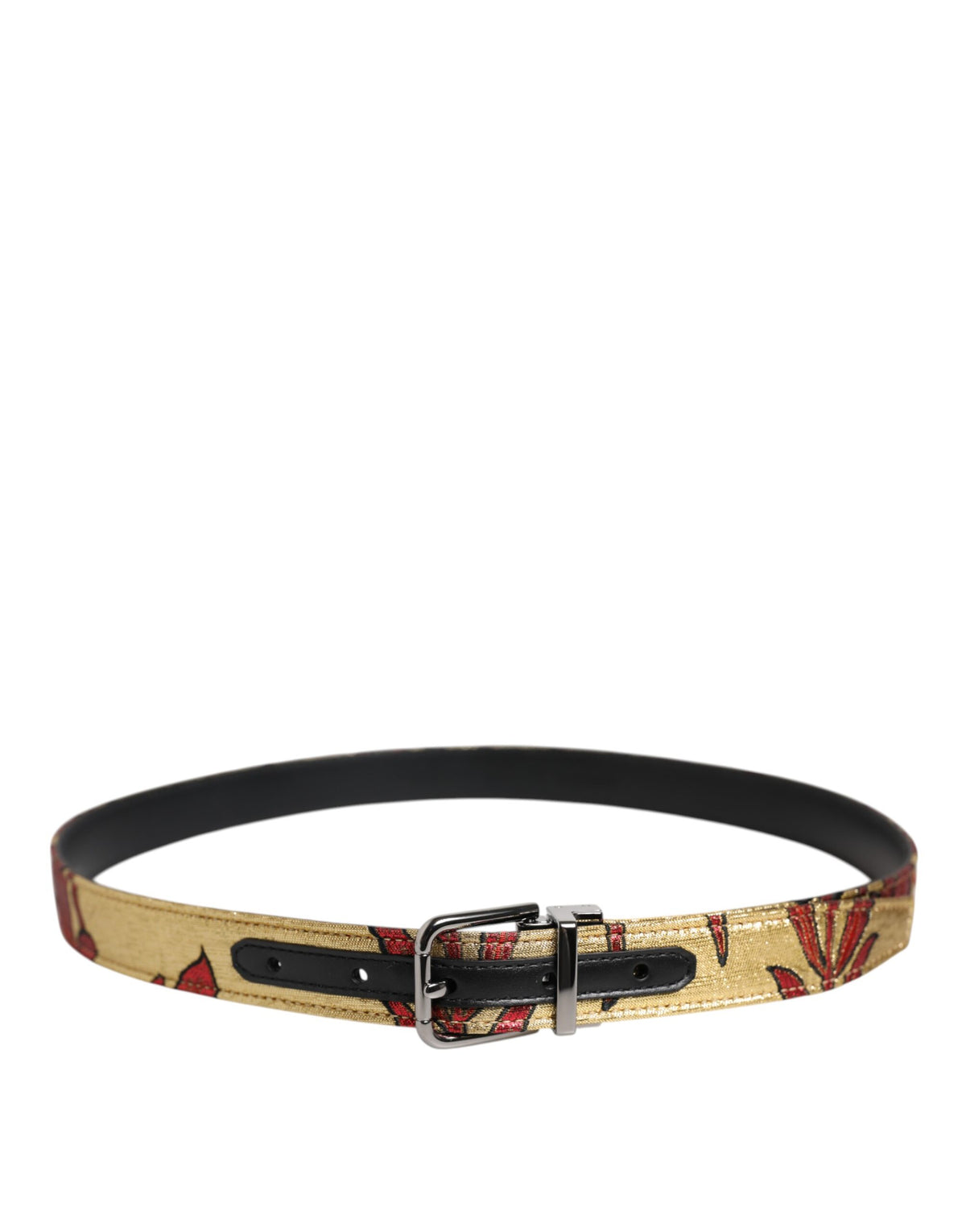 Dolce & Gabbana Leather Metallized Fiber Silk & Viscose Belt - Gold Silver Floral Jacquard