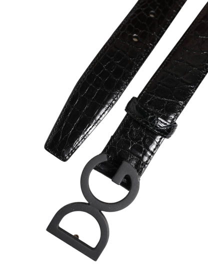 Dolce & Gabbana Brass Caiman Leather & Metal Belt - Black
