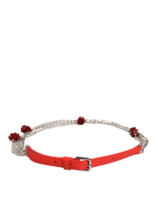 Dolce & Gabbana Brass Calf Leather & Resin Belt - Red Silver Floral