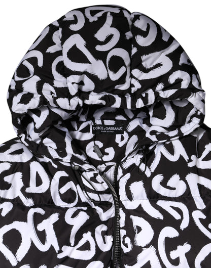 Dolce & Gabbana Black White DG Mania Hooded Long Coat Jacket