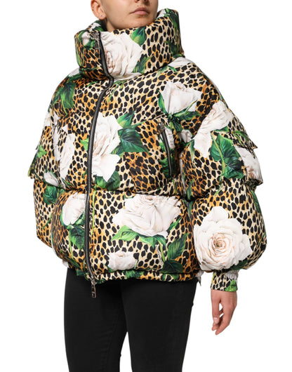 Dolce & Gabbana Multicolor Leopard Rose Puffer Quilted Jacket