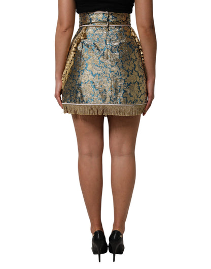 Dolce & Gabbana Essence Women's High Rise Nylon Polyester Cotton & Silk Mini Skirt - Blue Gold Floral Jacquard