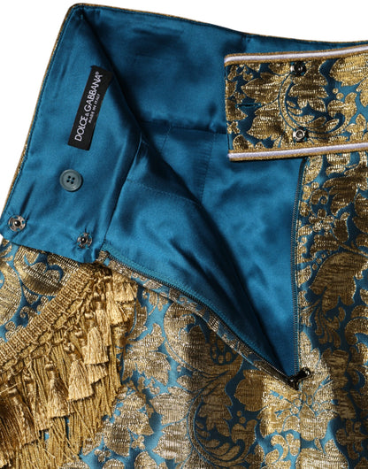 Dolce & Gabbana Essence Women's High Rise Nylon Polyester Cotton & Silk Mini Skirt - Blue Gold Floral Jacquard