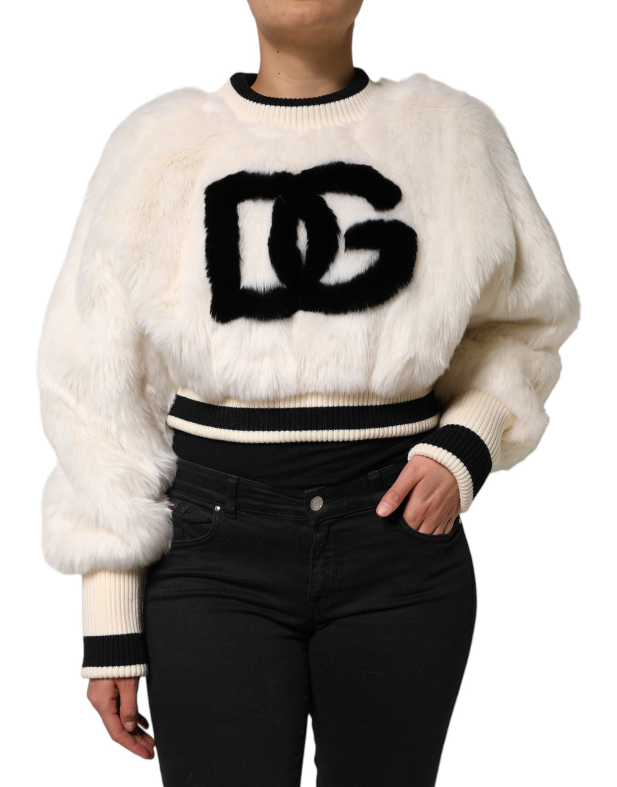 Dolce & Gabbana Women's Crop Top Cropped Crew Neck Acrylic Polyester Silk & Faux Fur Sweatshirt - Black White