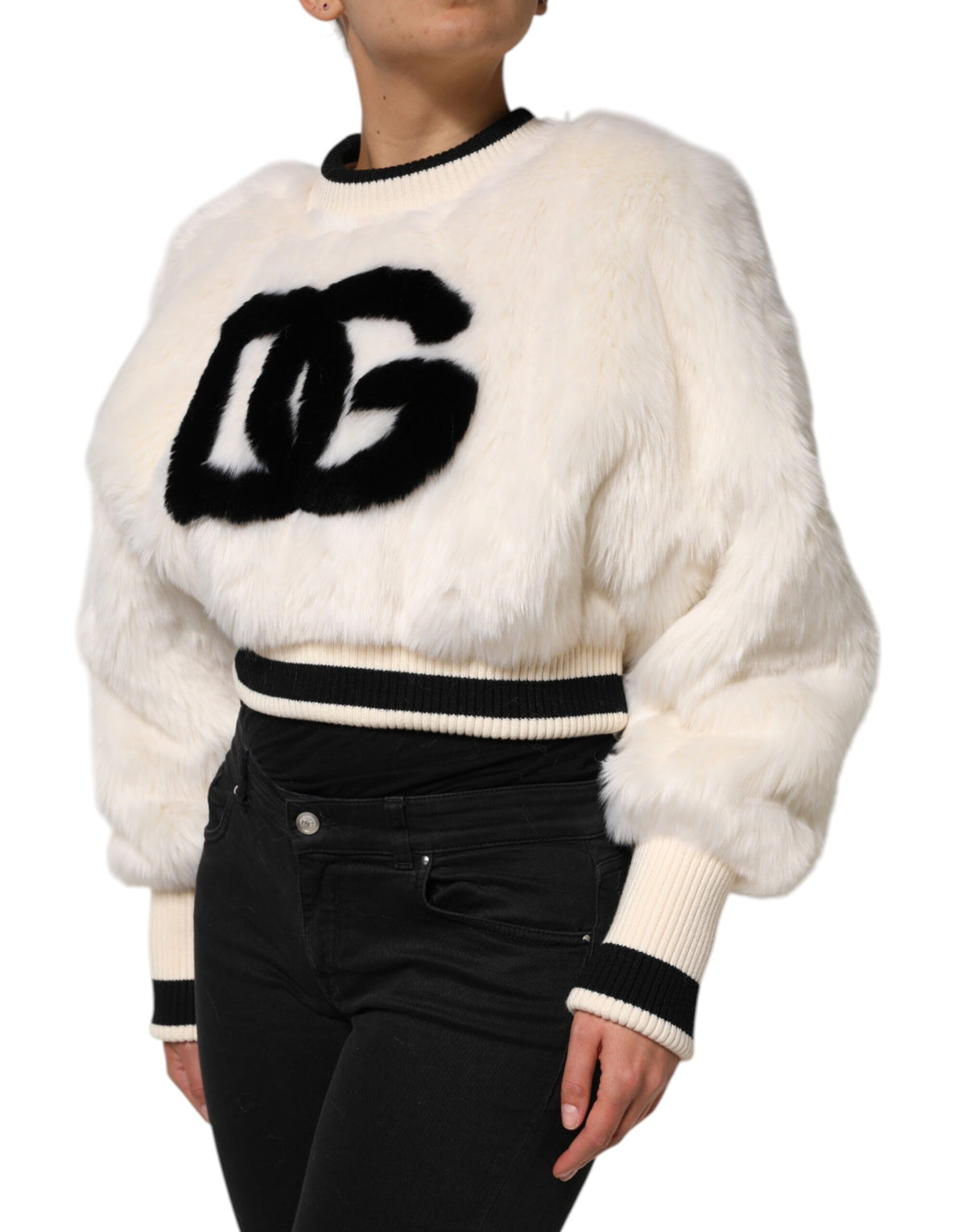 Dolce & Gabbana Women's Crop Top Cropped Crew Neck Acrylic Polyester Silk & Faux Fur Sweatshirt - Black White