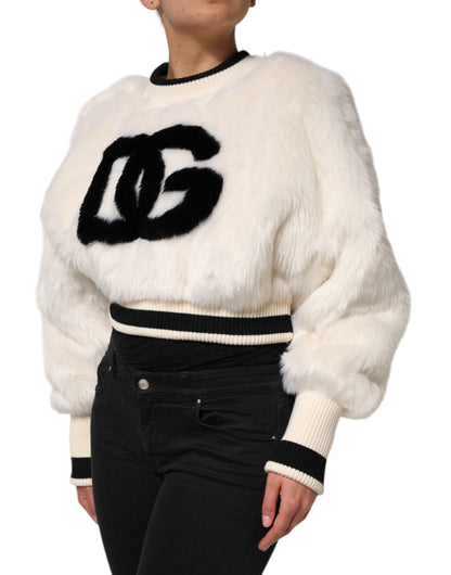 Dolce & Gabbana Women's Crop Top Cropped Crew Neck Acrylic Polyester Silk & Faux Fur Sweatshirt - Black White