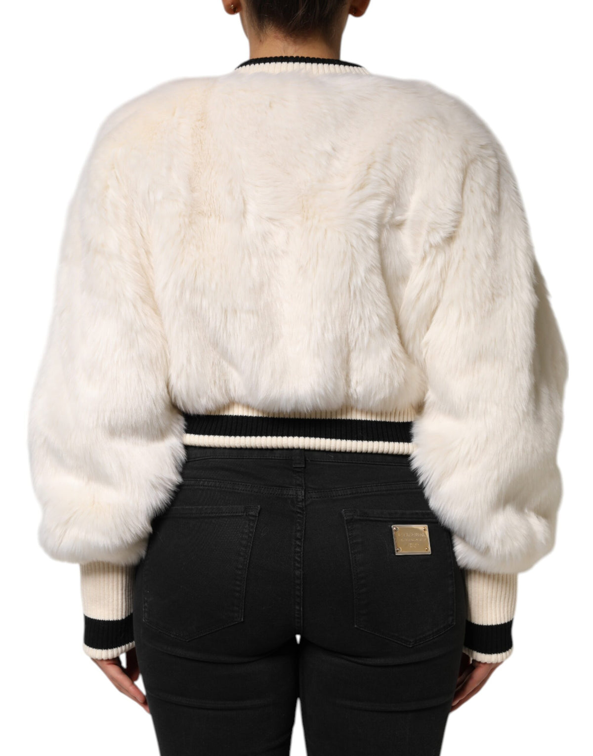 Dolce & Gabbana Women's Crop Top Cropped Crew Neck Acrylic Polyester Silk & Faux Fur Sweatshirt - Black White