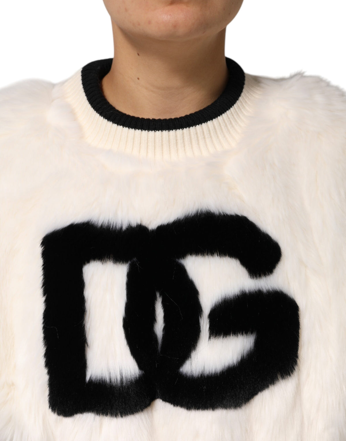 Dolce & Gabbana Women's Crop Top Cropped Crew Neck Acrylic Polyester Silk & Faux Fur Sweatshirt - Black White