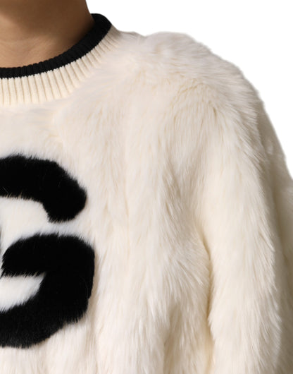 Dolce & Gabbana Women's Crop Top Cropped Crew Neck Acrylic Polyester Silk & Faux Fur Sweatshirt - Black White
