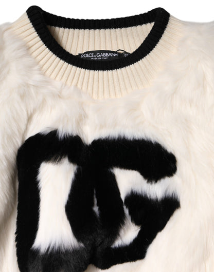 Dolce & Gabbana Women's Crop Top Cropped Crew Neck Acrylic Polyester Silk & Faux Fur Sweatshirt - Black White