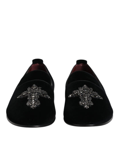 Dolce & Gabbana Men's Crystal Glass Leather & Velvet Loafer Slip-On Shoes - Black