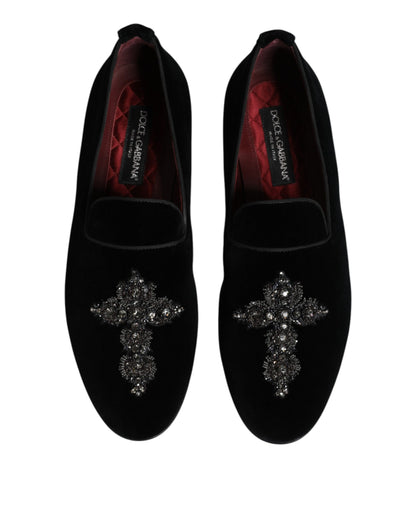 Dolce & Gabbana Men's Crystal Glass Leather & Velvet Loafer Slip-On Shoes - Black