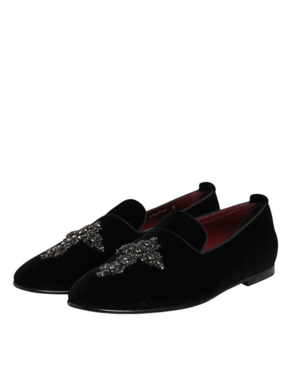 Dolce & Gabbana Men's Crystal Glass Leather & Velvet Loafer Slip-On Shoes - Black