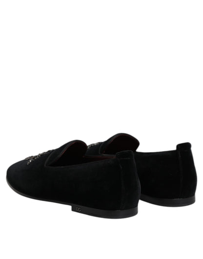 Dolce & Gabbana Men's Crystal Glass Leather & Velvet Loafer Slip-On Shoes - Black
