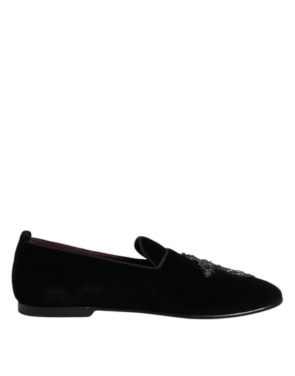 Dolce & Gabbana Men's Crystal Glass Leather & Velvet Loafer Slip-On Shoes - Black
