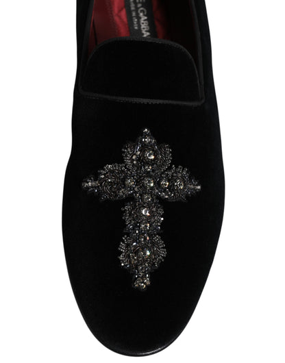 Dolce & Gabbana Men's Crystal Glass Leather & Velvet Loafer Slip-On Shoes - Black