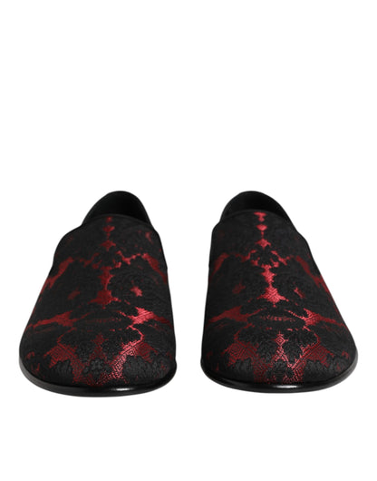 Dolce & Gabbana Men's Leather Loafer Slip-On Shoes - Black Red Floral Jacquard
