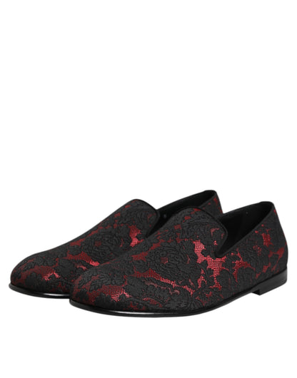 Dolce & Gabbana Men's Leather Loafer Slip-On Shoes - Black Red Floral Jacquard