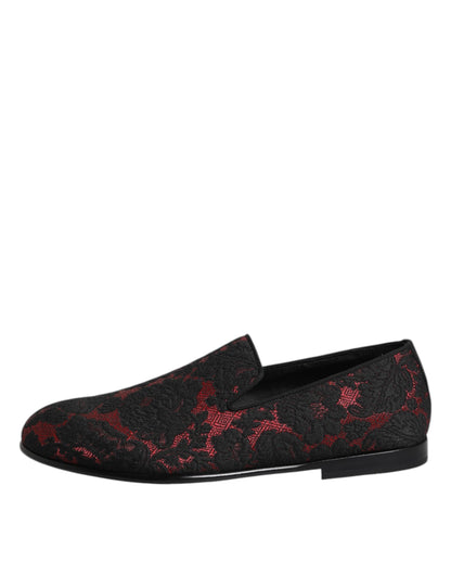 Dolce & Gabbana Men's Leather Loafer Slip-On Shoes - Black Red Floral Jacquard