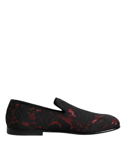 Dolce & Gabbana Men's Leather Loafer Slip-On Shoes - Black Red Floral Jacquard