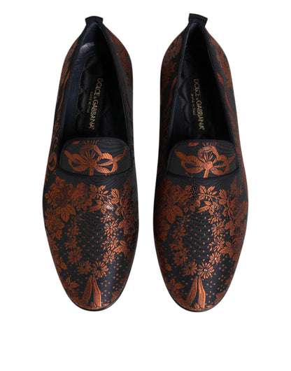 Dolce & Gabbana Men's Cotton Leather Polyester & Viscose Loafer Slip-On Shoes - Black Floral Jacquard