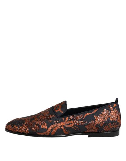 Dolce & Gabbana Men's Cotton Leather Polyester & Viscose Loafer Slip-On Shoes - Black Floral Jacquard