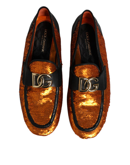 Dolce & Gabbana Men's Calf & Lambskin Leather Polyester Silk Loafer Slip-On Strap Shoes - Black Gold Orange