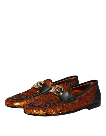 Dolce & Gabbana Men's Calf & Lambskin Leather Polyester Silk Loafer Slip-On Strap Shoes - Black Gold Orange