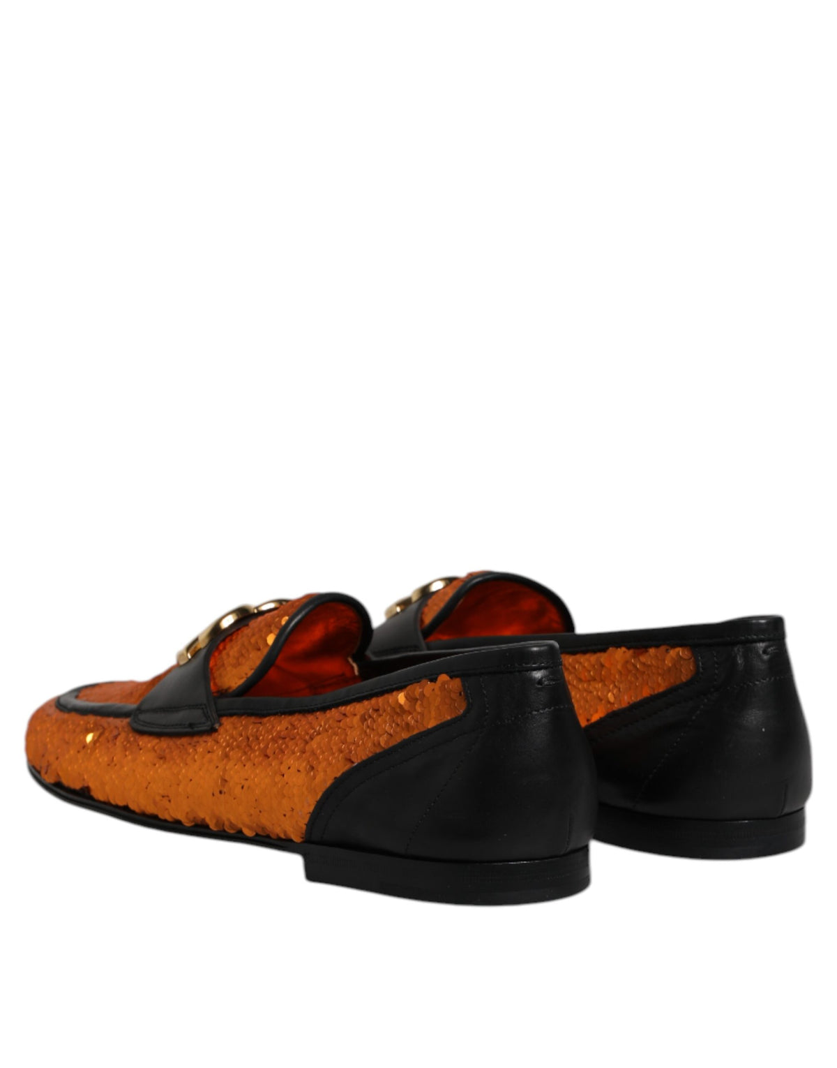 Dolce & Gabbana Men's Calf & Lambskin Leather Polyester Silk Loafer Slip-On Strap Shoes - Black Gold Orange